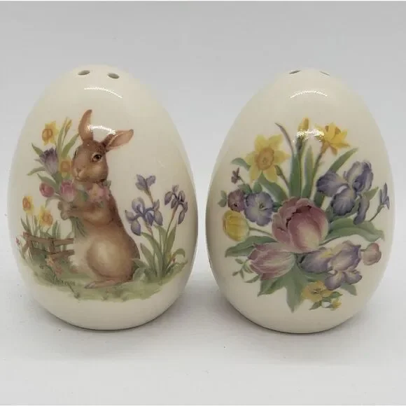 Floral Rabbit Ceramic Easter Salt & Pepper Shaker Set - Picture 1 of 8